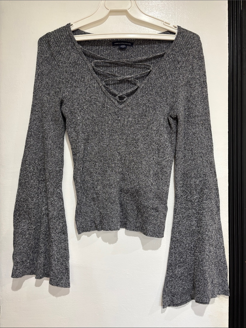 American Eagle Outfitters Heather Gray Ribbed Lace-Up Sweater